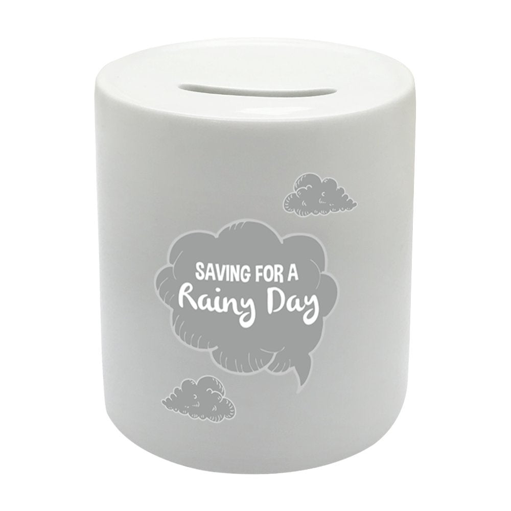 BS026 SAVING FOR A RAINY DAY Novelty Gift Printed Ceramic Piggy Bank Money Saving Box