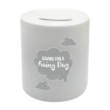BS026 SAVING FOR A RAINY DAY Novelty Gift Printed Ceramic Piggy Bank Money Saving Box