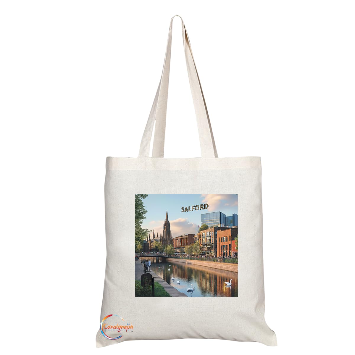 Natural Reusable Shopping Souvenir Tote Bag Featuring Cities and Landmarks in United Kingdom (Salford)