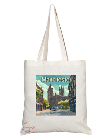 Natural Reusable Shopping Souvenir Tote Bag Featuring Cities and Landmarks in United Kingdom (Manchester 2)