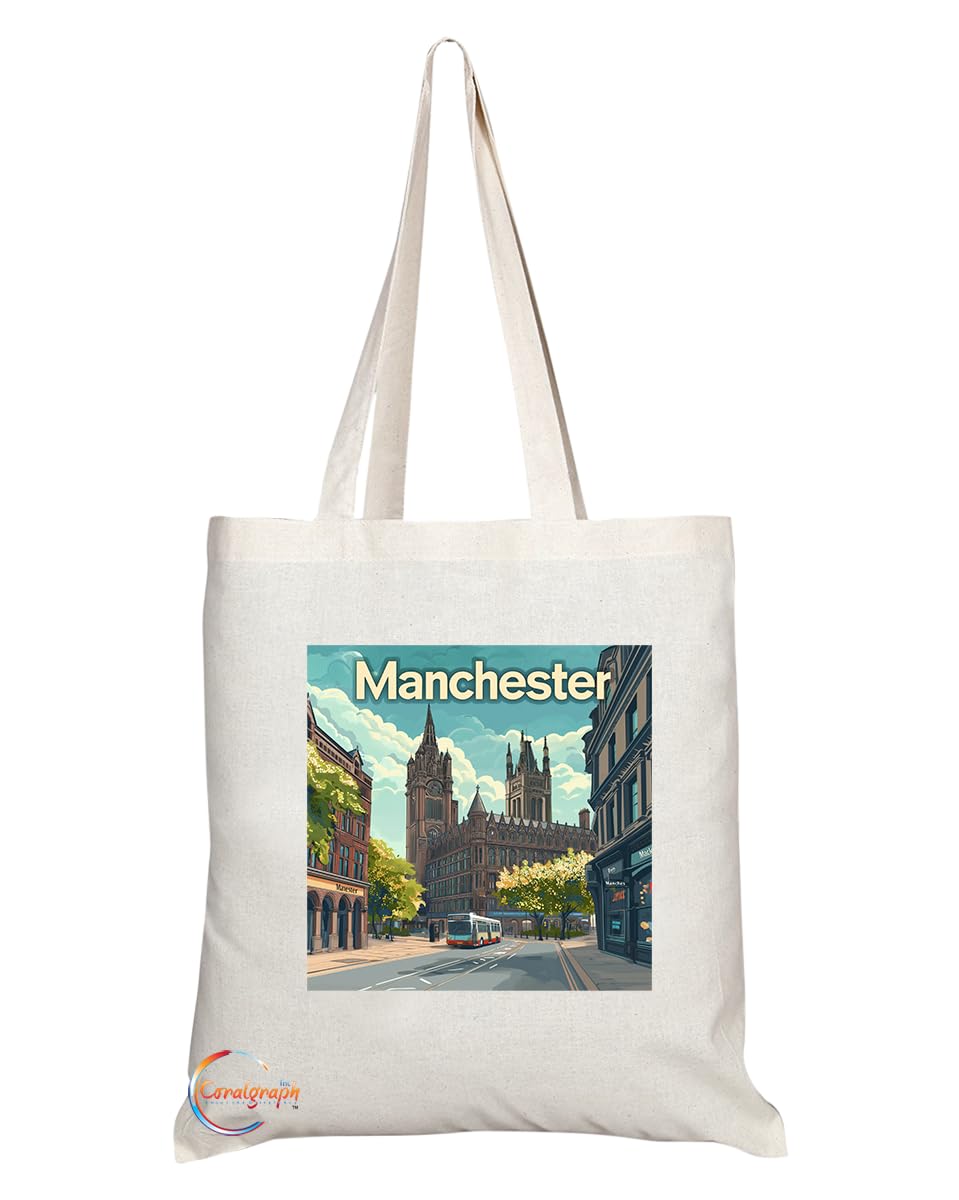 Natural Reusable Shopping Souvenir Tote Bag Featuring Cities and Landmarks in United Kingdom (Manchester 2)