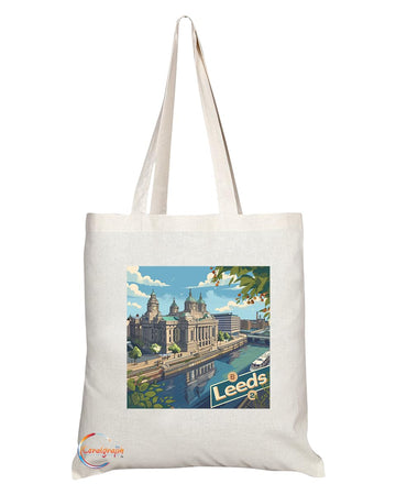 Natural Reusable Shopping Souvenir Tote Bag Featuring Cities and Landmarks in United Kingdom (Leeds2)