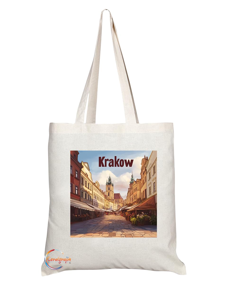 Natural Reusable Shopping Souvenir Tote Bag Featuring Popular Cities and Capitals from Europe and Around the World (Krakow)