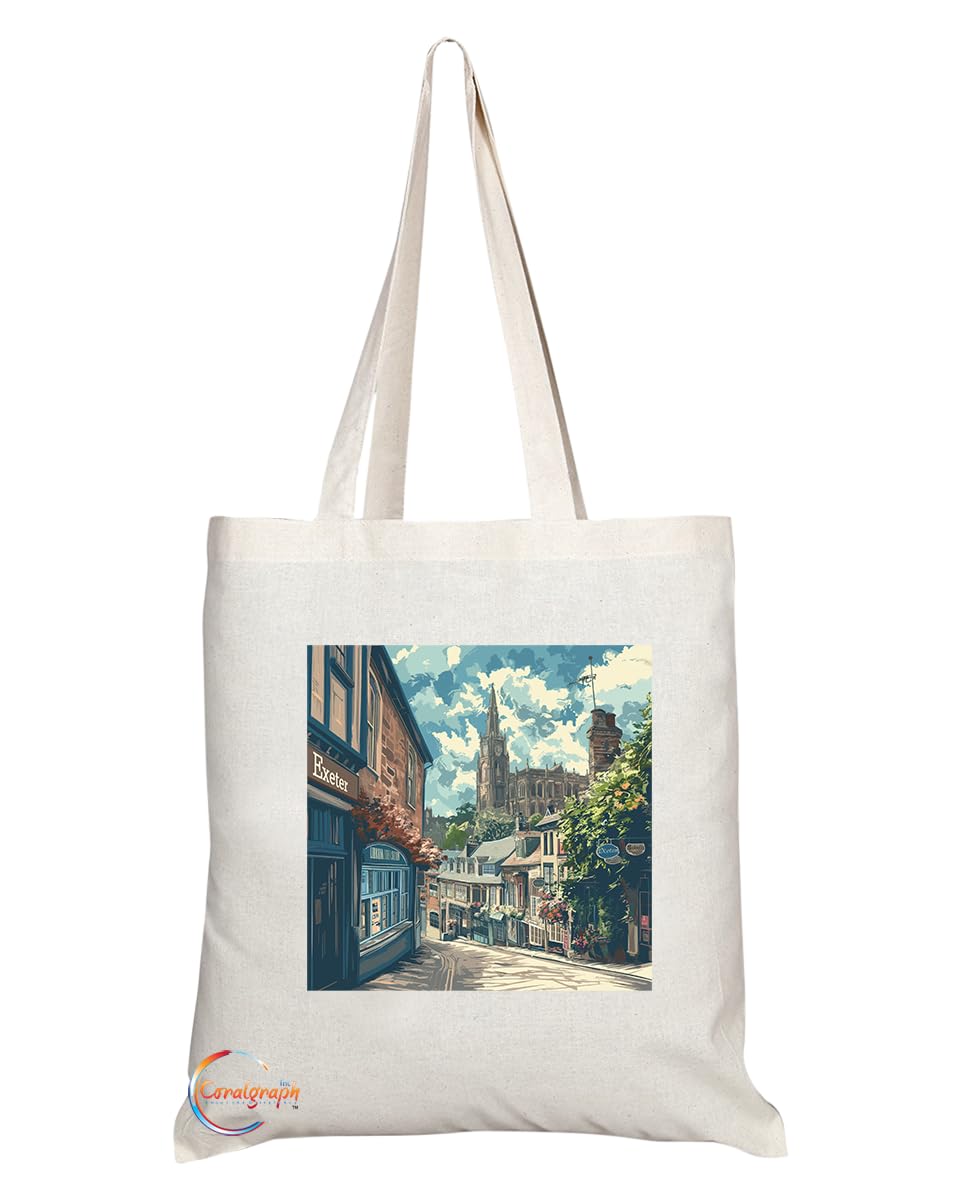 Natural Reusable Shopping Souvenir Tote Bag Featuring Cities and Landmarks in United Kingdom (Exeter)