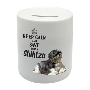 BS018 KEEP CALM AND SAVE FOR A SHIHTZU Novelty Gift Printed Ceramic Piggy Bank Money Saving Box