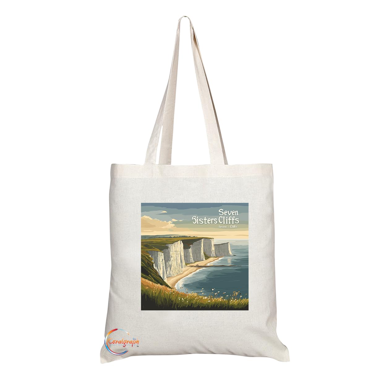 Natural Reusable Shopping Souvenir Tote Bag Featuring Cities and Landmarks in United Kingdom (Seven Sisters Cliff)