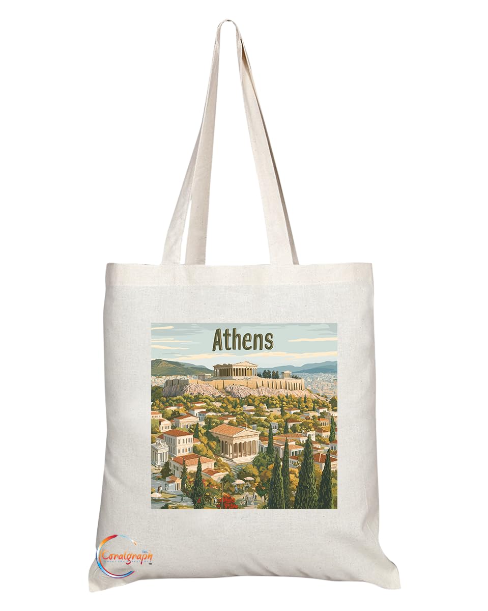 Natural Reusable Shopping Souvenir Tote Bag Featuring Popular Cities and Capitals from Europe and Around the World (Athens)