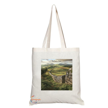 Natural Reusable Shopping Souvenir Tote Bag Featuring Cities and Landmarks in United Kingdom (Hadrian's Wall)