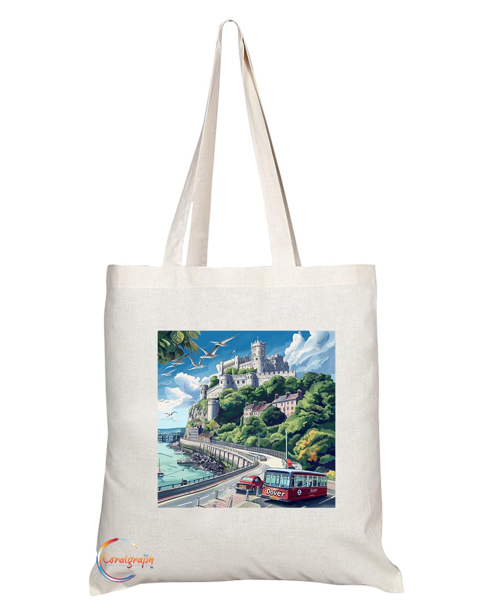 Natural Reusable Shopping Souvenir Tote Bag Featuring Cities and Landmarks in United Kingdom (Dover)