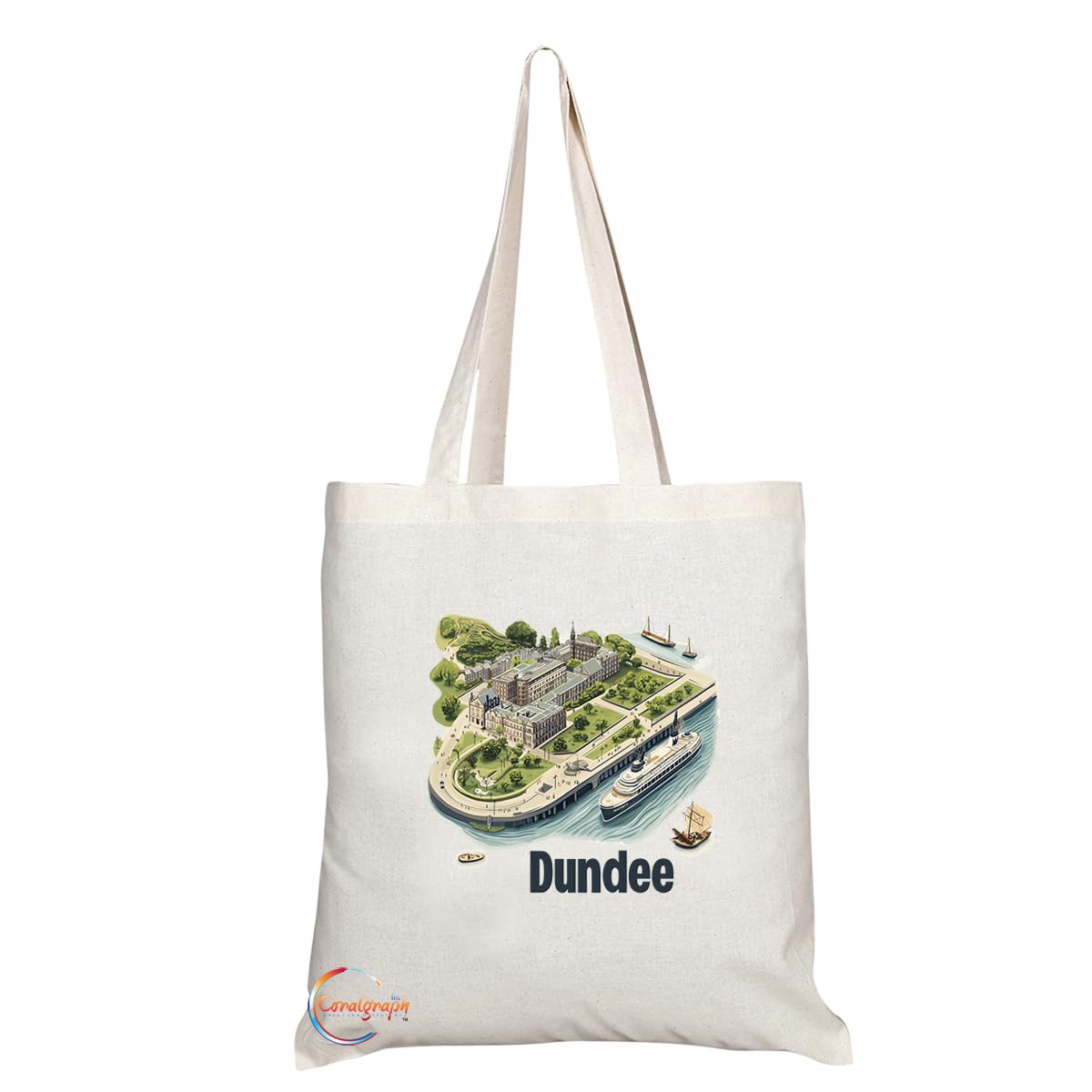 Natural Reusable Shopping Souvenir Tote Bag Featuring Cities and Landmarks in United Kingdom (Dundee)