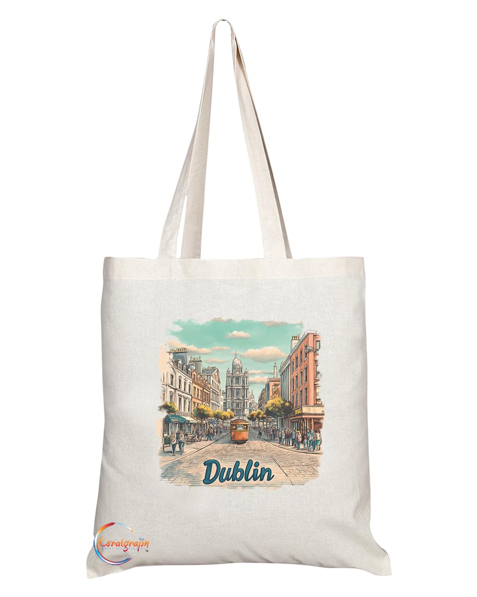 Natural Reusable Shopping Souvenir Tote Bag Featuring Popular Cities and Capitals from Europe and Around the World (Dublin)