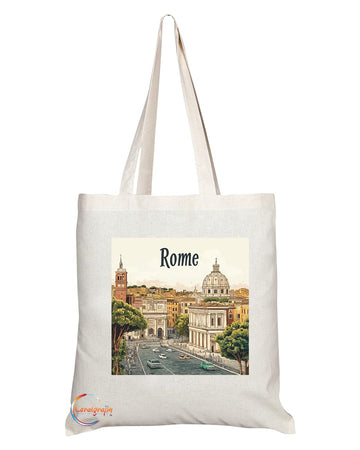 Natural Reusable Shopping Souvenir Tote Bag Featuring Popular Cities and Capitals from Europe and Around the World (Rome)