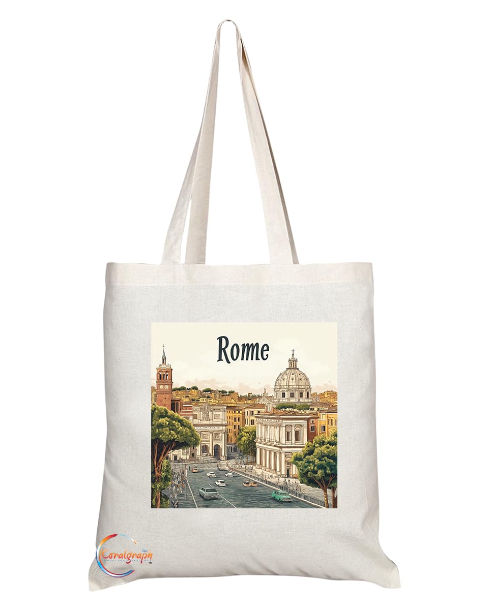Natural Reusable Shopping Souvenir Tote Bag Featuring Popular Cities and Capitals from Europe and Around the World (Rome)