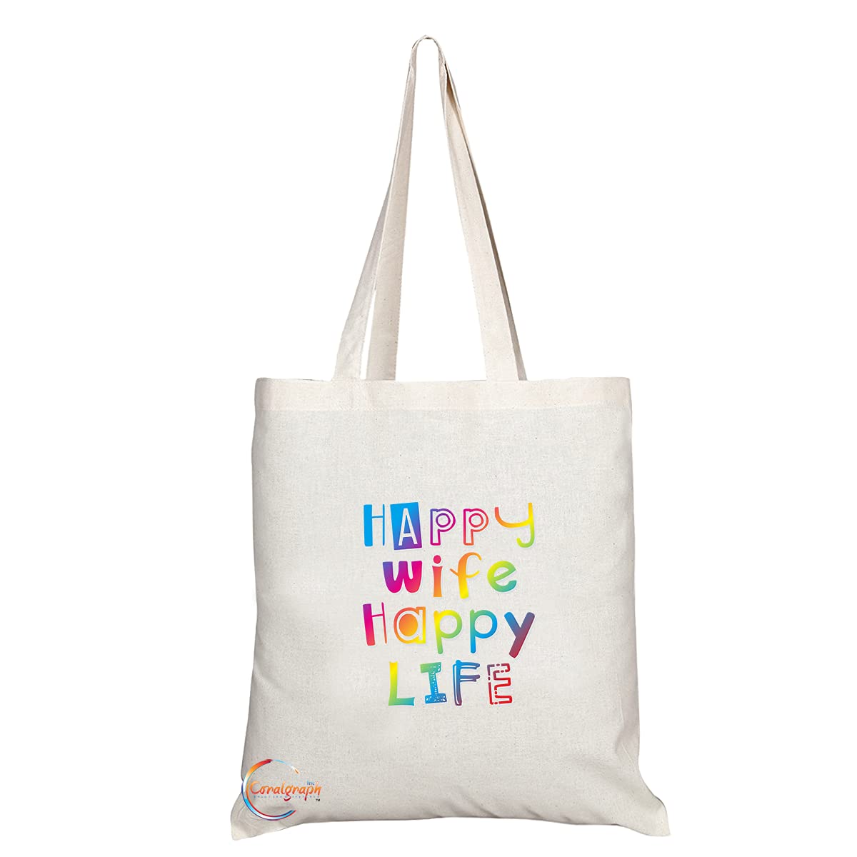 TB1424 Happy Wife Happy Life Novelty Present Gift Printed Eco-Friendly Stylish Long Handled Tote Shoulder Bag