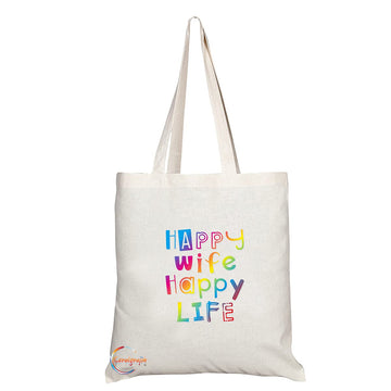 TB1424 Happy Wife Happy Life Novelty Present Gift Printed Eco-Friendly Stylish Long Handled Tote Shoulder Bag