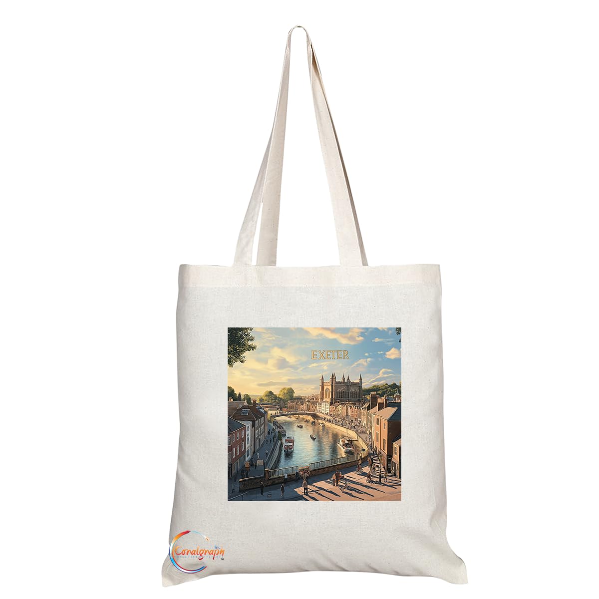 Natural Reusable Shopping Souvenir Tote Bag Featuring Cities and Landmarks in United Kingdom (Exeter)