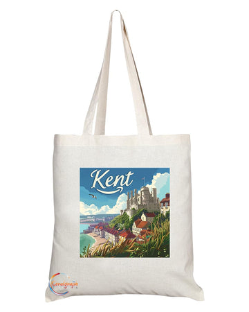 Natural Reusable Shopping Souvenir Tote Bag Featuring Cities and Landmarks in United Kingdom (Kent)