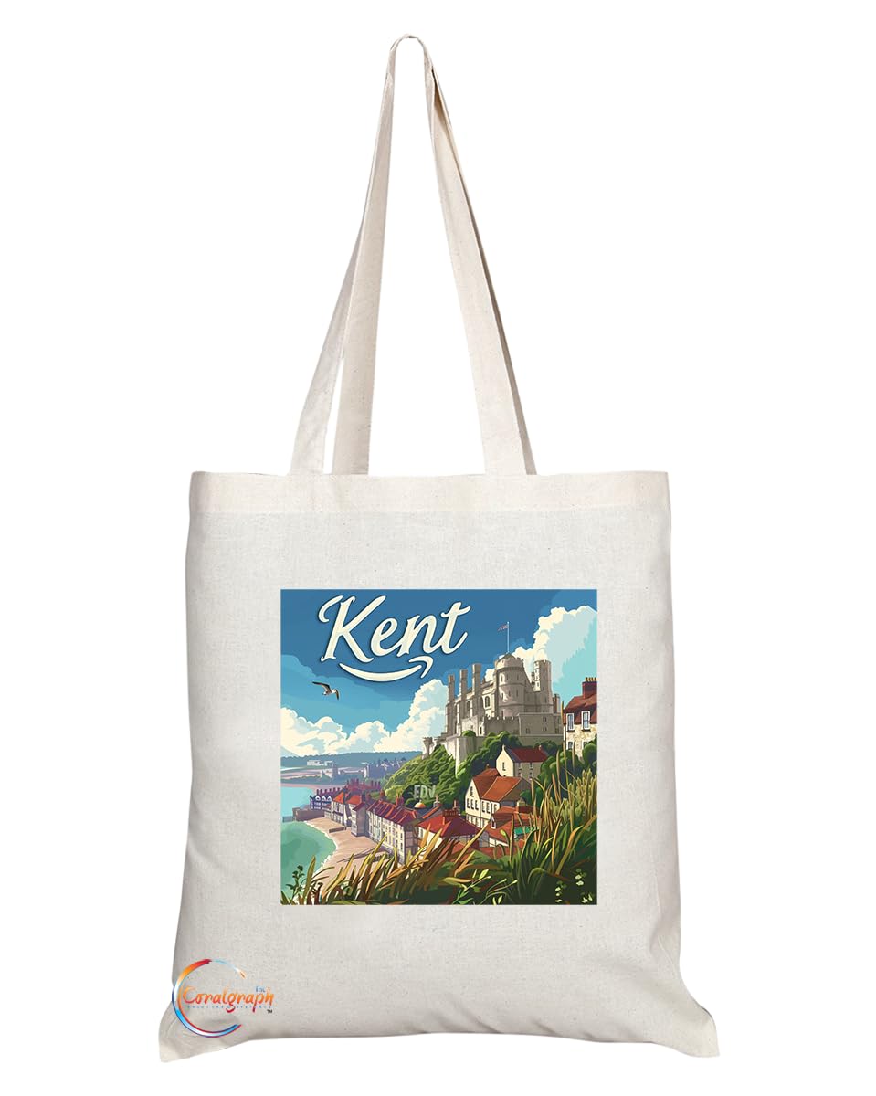 Natural Reusable Shopping Souvenir Tote Bag Featuring Cities and Landmarks in United Kingdom (Kent)