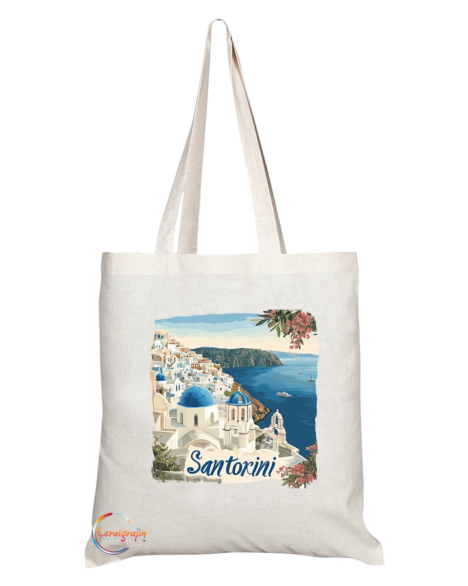 Natural Reusable Shopping Souvenir Tote Bag Featuring Popular Cities and Capitals from Europe and Around the World (Santorini)
