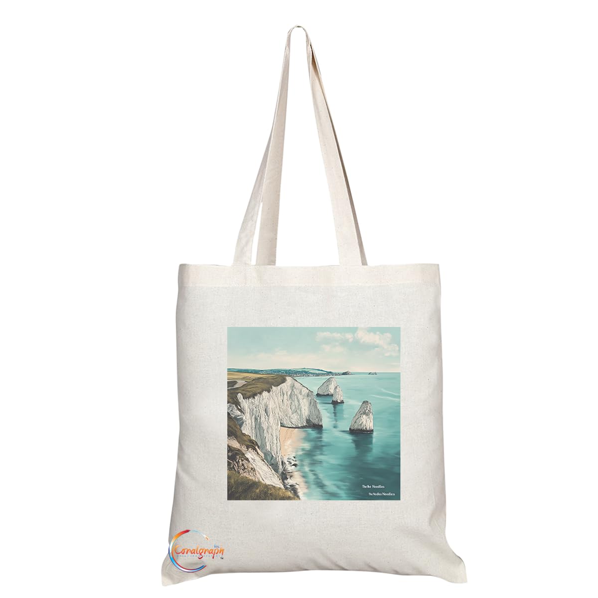 Natural Reusable Shopping Souvenir Tote Bag Featuring Cities and Landmarks in United Kingdom (The Needles)