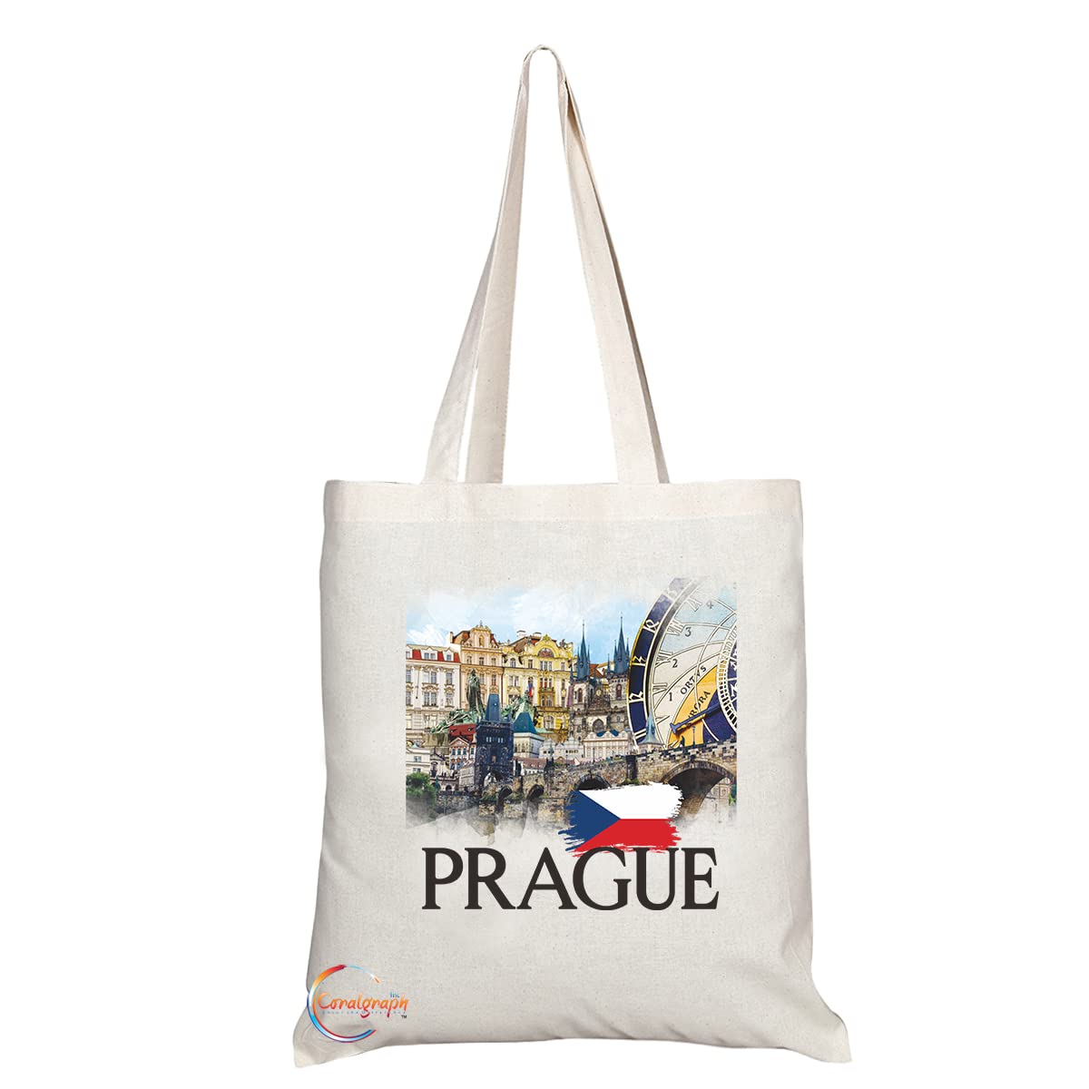 Natural Reusable Shopping Souvenir Tote Bag Featuring Popular Cities and Capitals from Europe and Around the World (Prague TB1532)