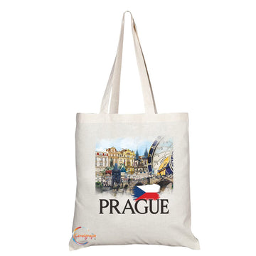 Natural Reusable Shopping Souvenir Tote Bag Featuring Popular Cities and Capitals from Europe and Around the World (Prague TB1532)