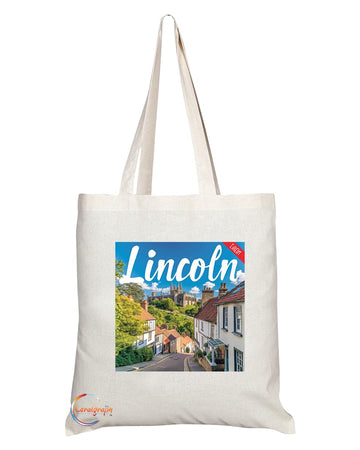 Natural Reusable Shopping Souvenir Tote Bag Featuring Cities and Landmarks in United Kingdom (Lincoln)