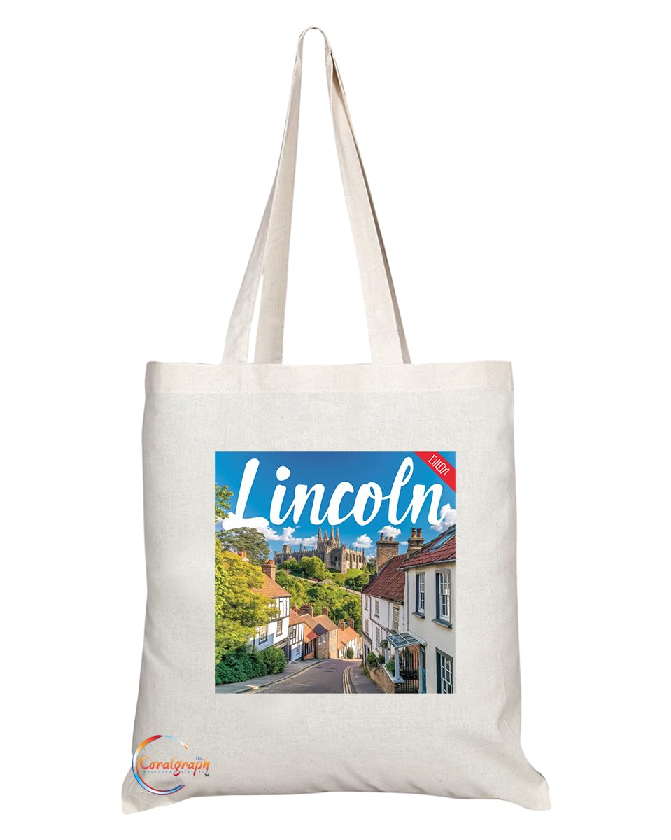 Natural Reusable Shopping Souvenir Tote Bag Featuring Cities and Landmarks in United Kingdom (Lincoln)