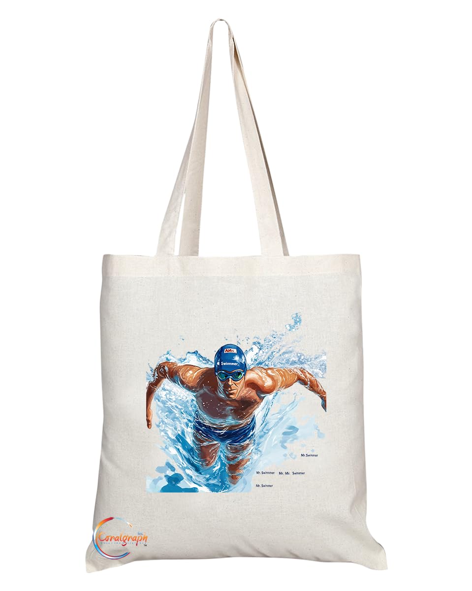 Natural Reusable Shopping Souvenir Tote Bag Featuring Popular Sports Designs from Around the World (Swimmer)
