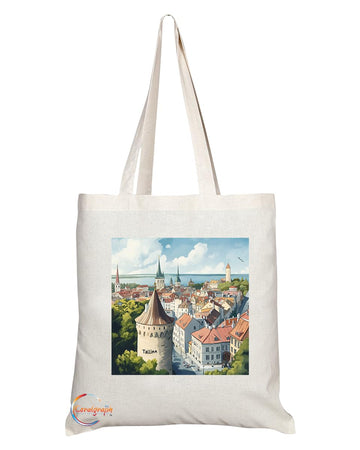 Natural Reusable Shopping Souvenir Tote Bag Featuring Popular Cities and Capitals from Europe and Around the World (Tallinn)