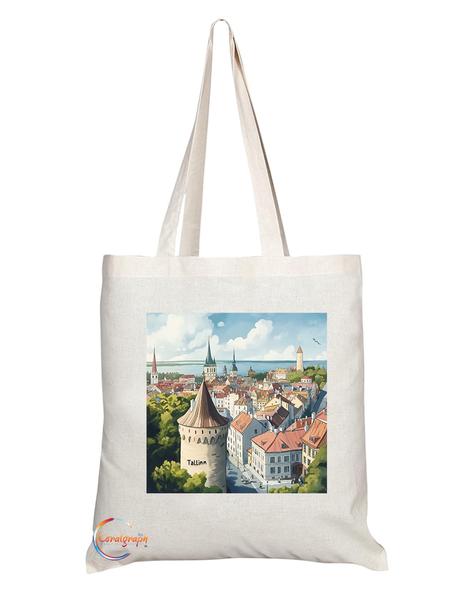Natural Reusable Shopping Souvenir Tote Bag Featuring Popular Cities and Capitals from Europe and Around the World (Tallinn)