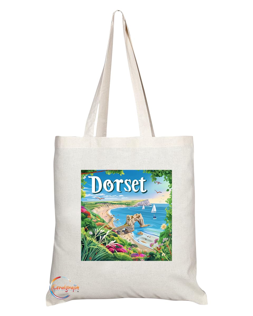 Natural Reusable Shopping Souvenir Tote Bag Featuring Cities and Landmarks in United Kingdom (Dorset)