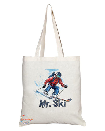 Natural Reusable Shopping Souvenir Tote Bag Featuring Popular Sports Designs from Around the World (Ski)