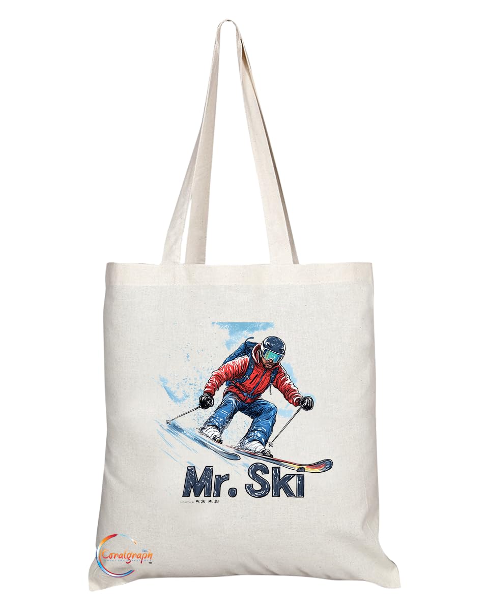 Natural Reusable Shopping Souvenir Tote Bag Featuring Popular Sports Designs from Around the World (Ski)