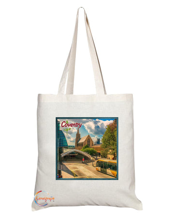 Natural Reusable Shopping Souvenir Tote Bag Featuring Cities and Landmarks in United Kingdom (Coventry)