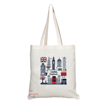 TB2050 - Natural Reusable Shopping Souvenir Tote Bag Featuring London - (Design 7)