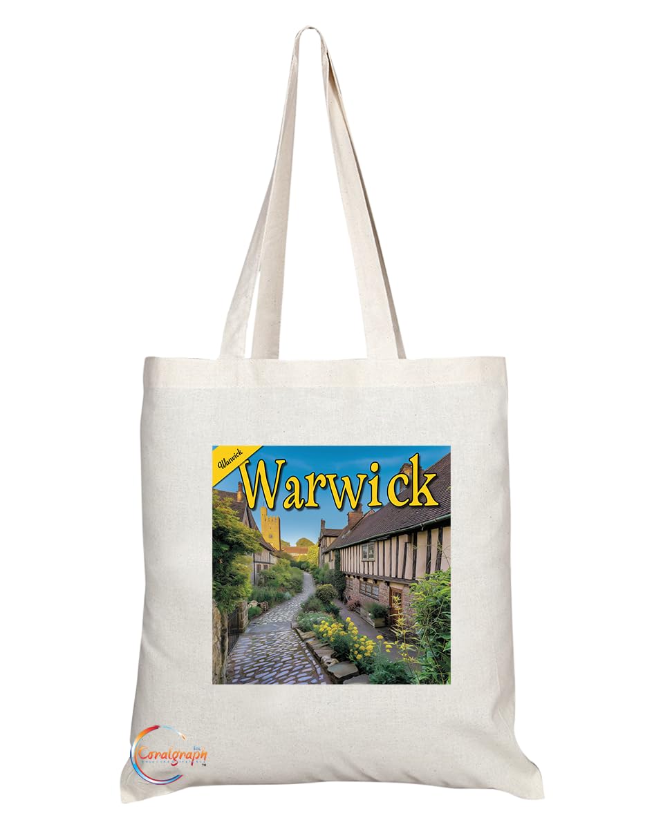 Natural Reusable Shopping Souvenir Tote Bag Featuring Cities and Landmarks in United Kingdom (Warwick)