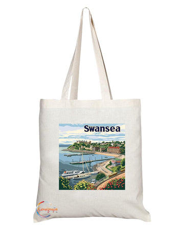 Natural Reusable Shopping Souvenir Tote Bag Featuring Cities and Landmarks in United Kingdom (Swansea Bay)