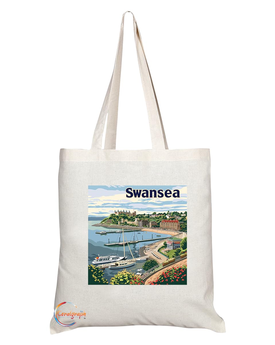 Natural Reusable Shopping Souvenir Tote Bag Featuring Cities and Landmarks in United Kingdom (Swansea Bay)
