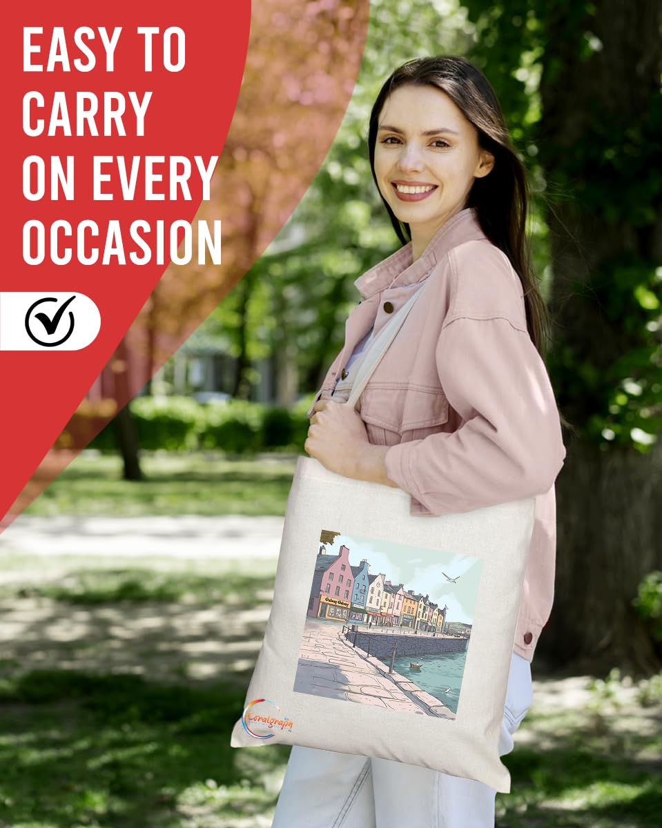 Natural Reusable Shopping Souvenir Tote Bag Featuring Cities and Landmarks in United Kingdom (Galway)