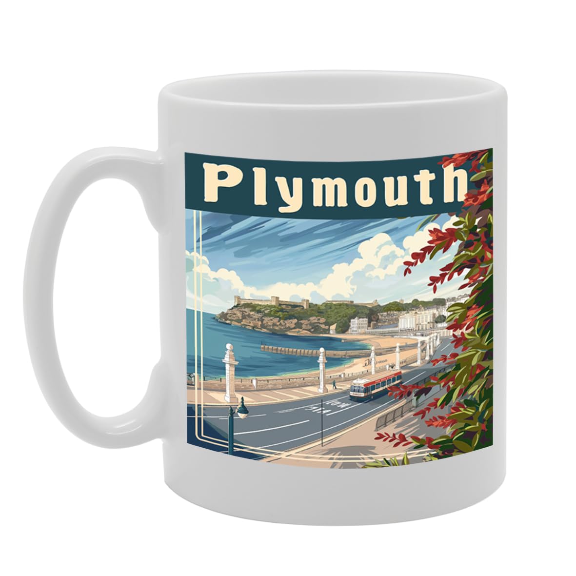 Printed Coffee Ceramic  Featuring Cities And Landmarks In United Kingdom (Plymouth Waterfront) - Funny Printed Coffee Mug - Great Gift Idea