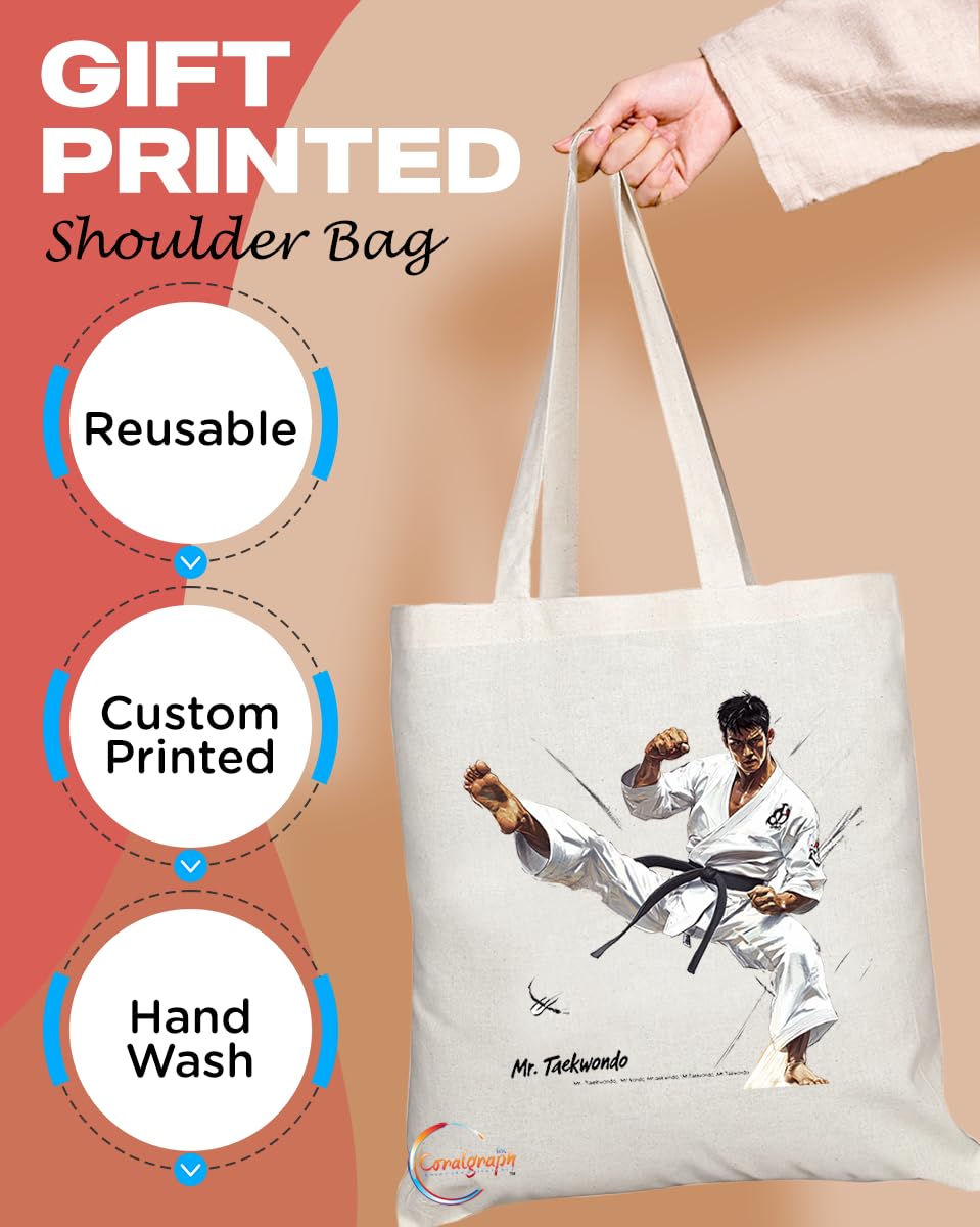 Natural Reusable Shopping Souvenir Tote Bag Featuring Popular Sports Designs from Around the World (Taekwondo)