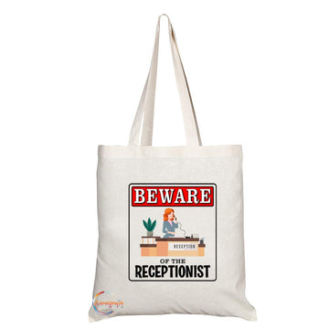 TB933 Beware of the Receptionist Novelty Present Gift Printed Eco-Friendly Stylish Long Handled Tote Shoulder Bag