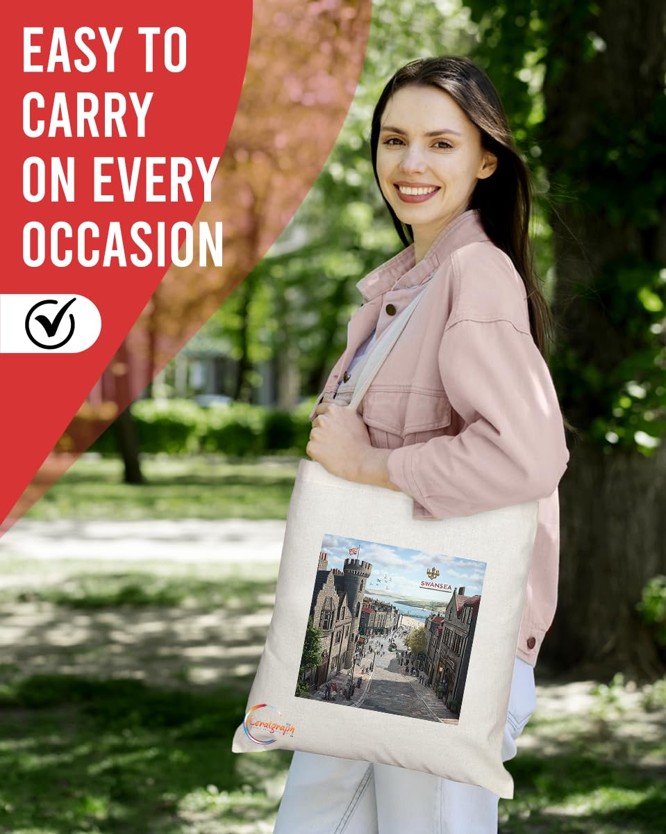 Natural Reusable Shopping Souvenir Tote Bag Featuring Cities and Landmarks in United Kingdom (Swansea)