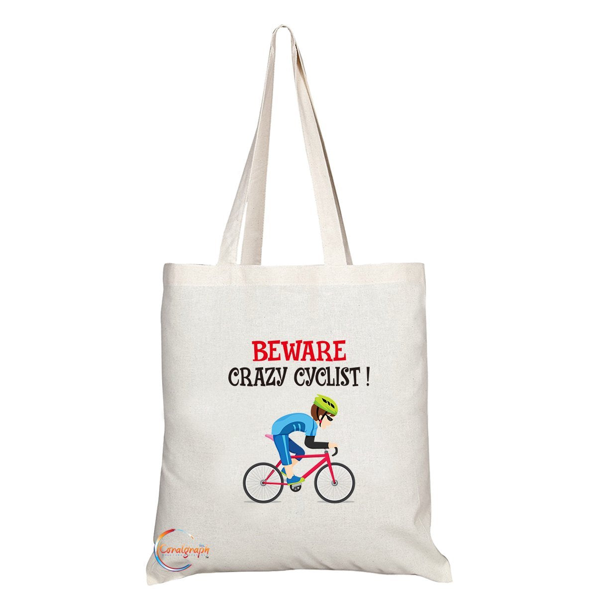 TB283 Beware Crazy Cyclist! Novelty Present Gift Printed Eco-Friendly Stylish Long Handled Tote Shoulder Bag