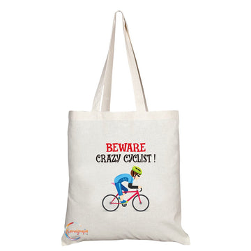 TB283 Beware Crazy Cyclist! Novelty Present Gift Printed Eco-Friendly Stylish Long Handled Tote Shoulder Bag