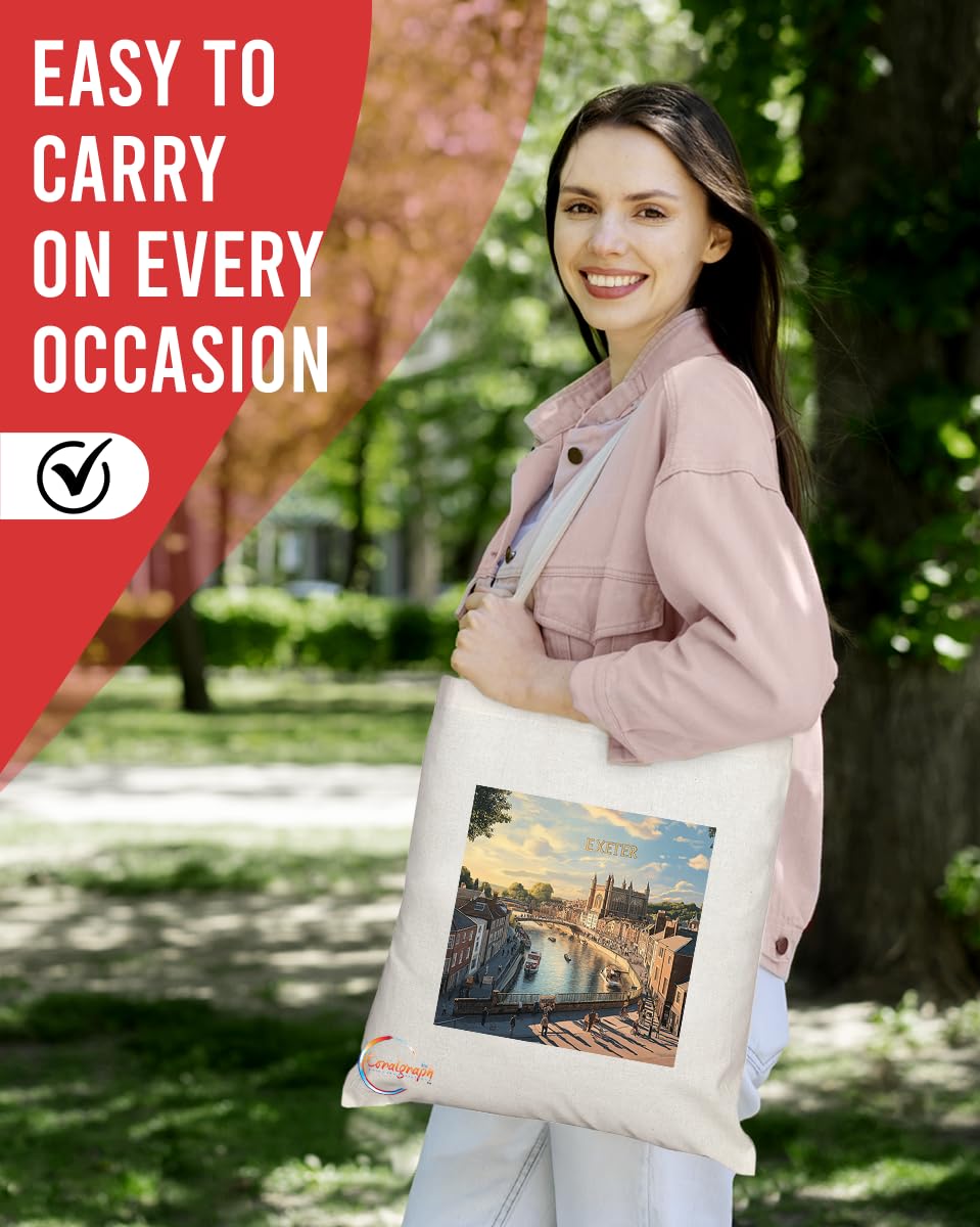 Natural Reusable Shopping Souvenir Tote Bag Featuring Cities and Landmarks in United Kingdom (Exeter)