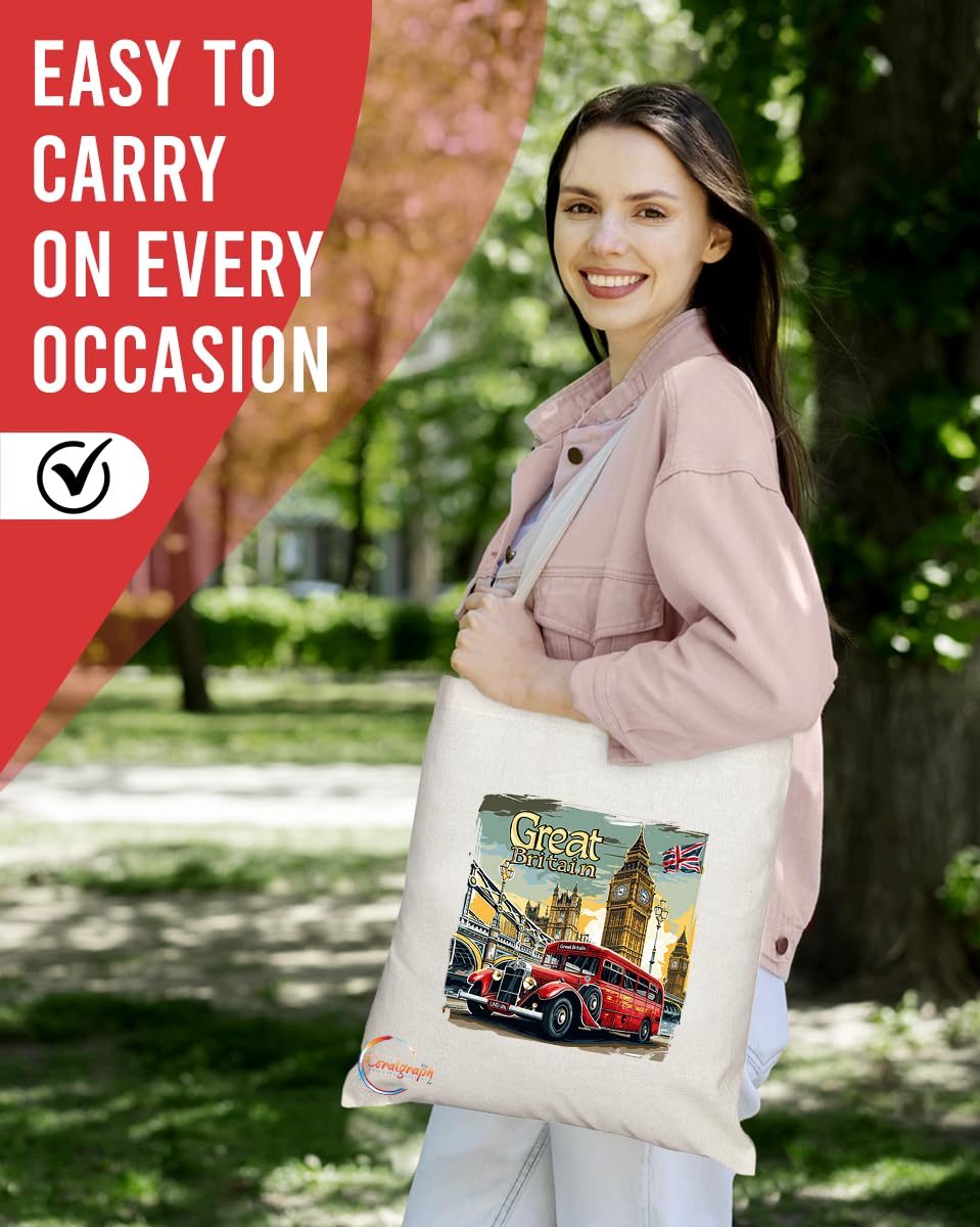 TB2053 - Natural Reusable Shopping Souvenir Tote Bag Featuring Great Britain - (Design 10)