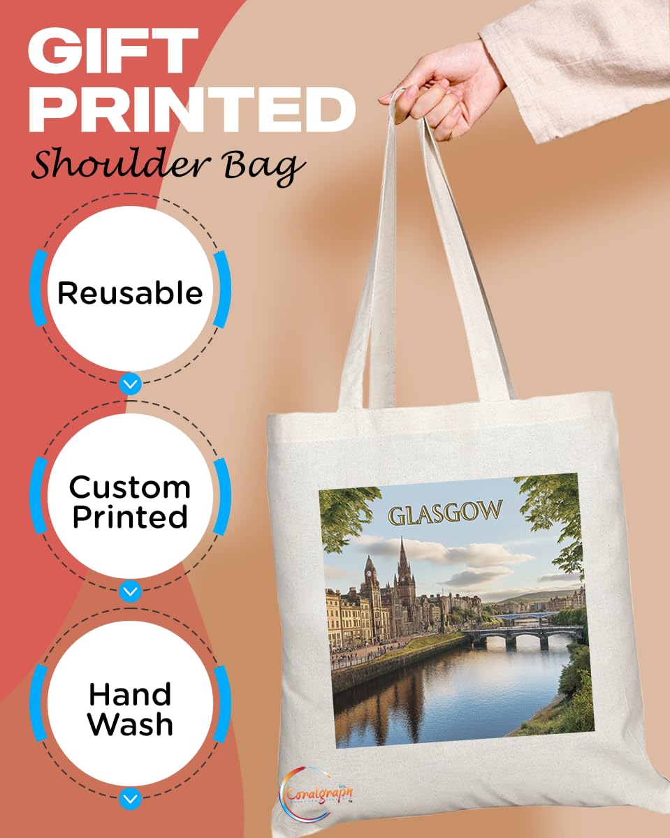 Natural Reusable Shopping Souvenir Tote Bag Featuring Cities and Landmarks in United Kingdom (Glasgow)