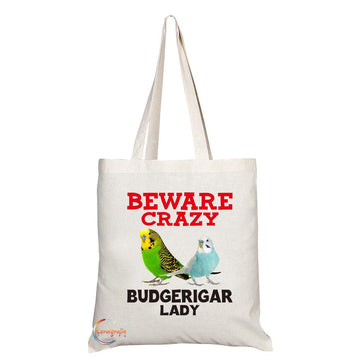 TB400 Beware Crazy Budgerigar Lady Novelty Present Gift Printed Eco-Friendly Stylish Long Handled Tote Shoulder Bag